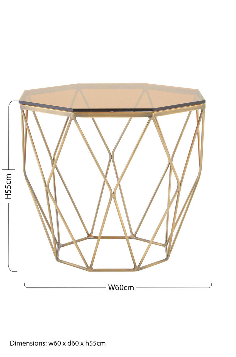 Brush Brushed Bronze Metal Geometric Side Table with Hexagonal Tempered Glass Top, Allure