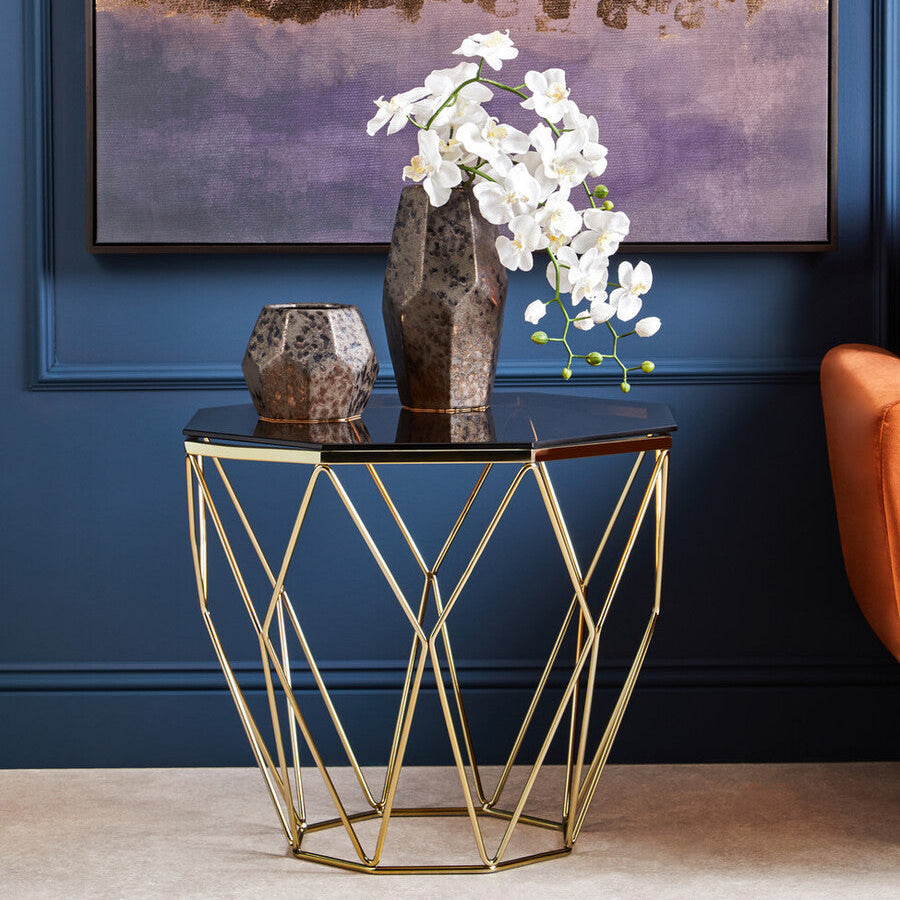 Brush Brushed Bronze Metal Geometric Side Table with Hexagonal Tempered Glass Top, Allure