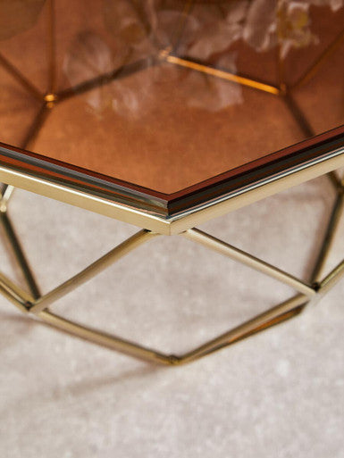 Brush Brushed Bronze Metal Geometric Side Table with Hexagonal Tempered Glass Top, Allure