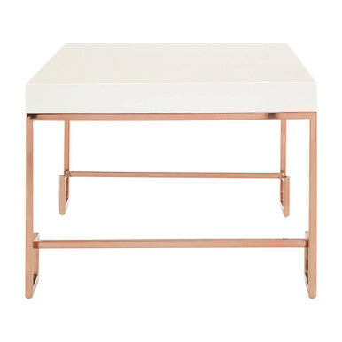 White High Gloss Wood Top Coffee Table with Rose Gold Angled Stainless Steel Leg, Allure