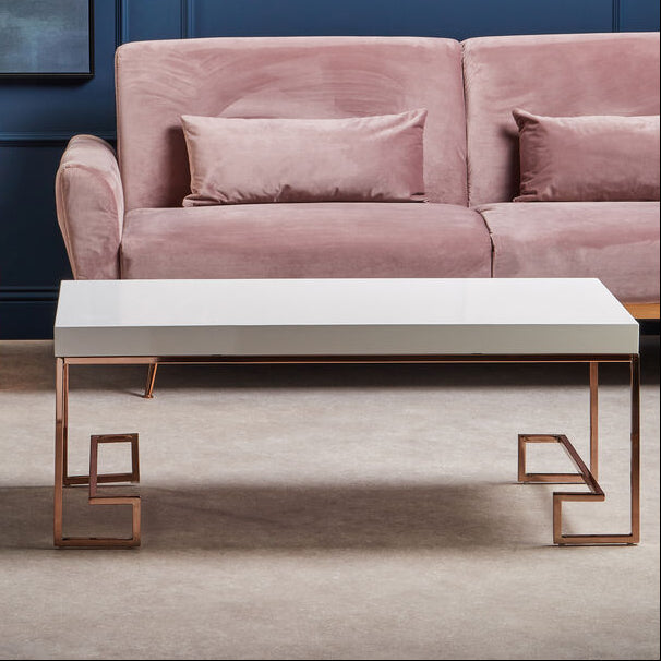 White High Gloss Wood Top Coffee Table with Rose Gold Angled Stainless Steel Leg, Allure