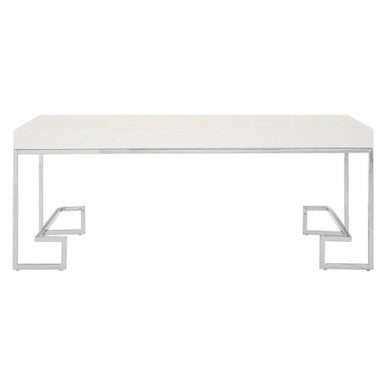 White High Gloss Wood Top Coffee Table with Silver Chrome Angled Stainless Steel Leg, Allure