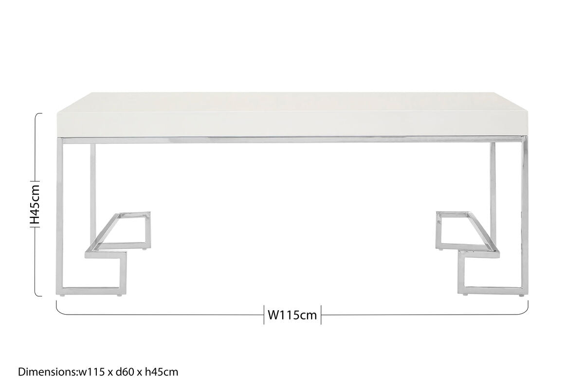 White High Gloss Wood Top Coffee Table with Silver Chrome Angled Stainless Steel Leg, Allure