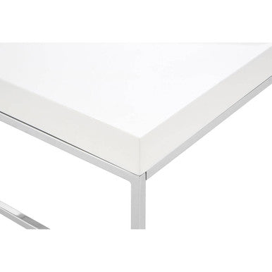 White High Gloss Wood Top Coffee Table with Silver Chrome Angled Stainless Steel Leg, Allure