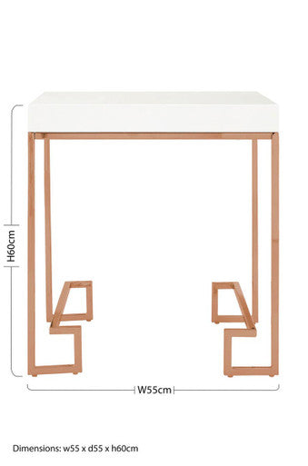 Allure White High Gloss Side Table with Rose Gold Finish Legs