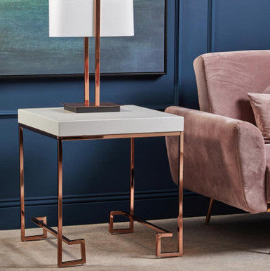 White High Gloss Wood Top End Table with Rose Gold Angled Stainless Steel Leg, Allure