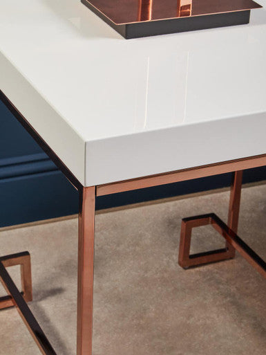 Allure White High Gloss Side Table with Rose Gold Finish Legs