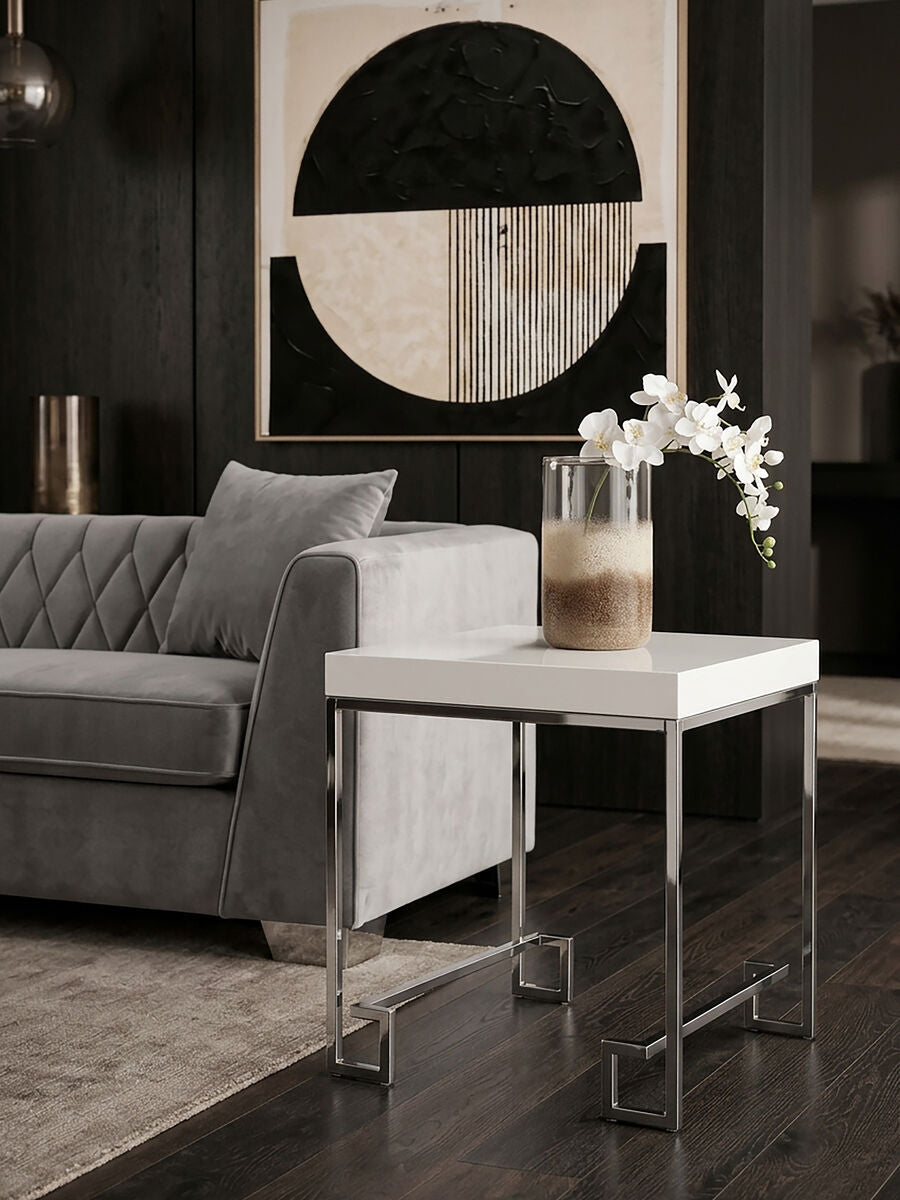 Allure White High Gloss Side Table with Chrome Finish Legs
