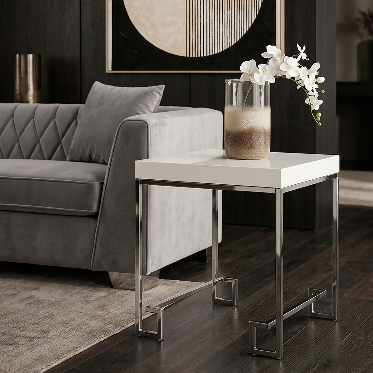Allure White High Gloss Side Table with Chrome Finish Legs