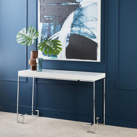 White High Gloss Wood Top Coffee Table with Silver Chrome Metal Leg, Allure