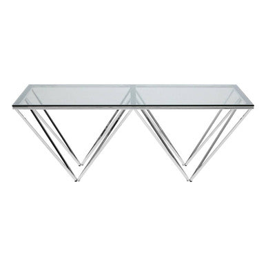 Clear Tempered Glass Coffee Table with Chrome Metal Triangular Base, Allure