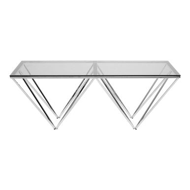 Clear Tempered Glass Coffee Table with Chrome Metal Triangular Base, Allure