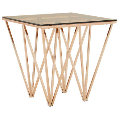 Allure Amber Glass Side Table with Rose Gold Finish Base