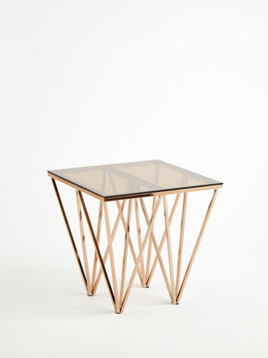 Allure Amber Glass Side Table with Rose Gold Finish Base