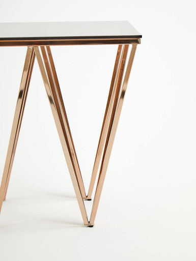 Amber Tinted Glass Top End Table with Rose Gold Prismatic Legs, Allure