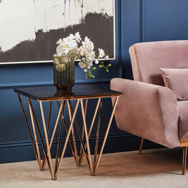 Allure Amber Glass Side Table with Rose Gold Finish Base