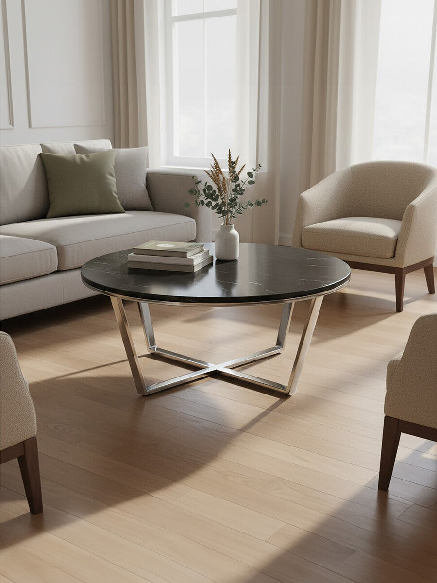 Round Black Faux Marble Coffee Table with Chrome Lattice Leg Design, Allure