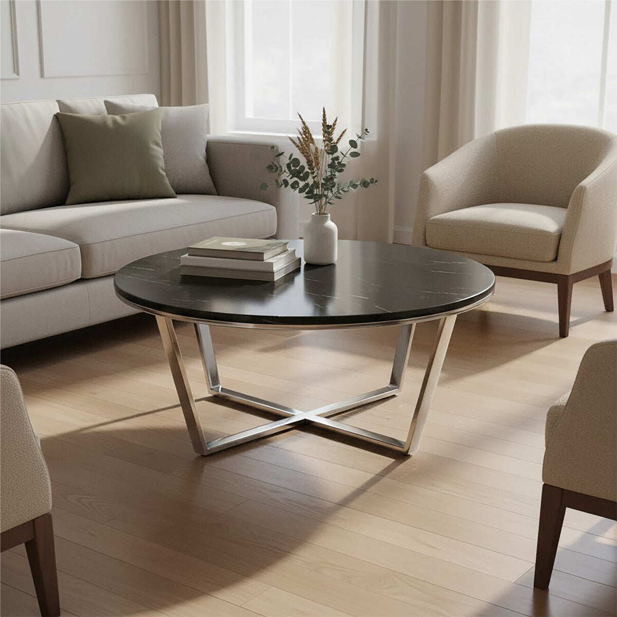 Round Black Faux Marble Coffee Table with Chrome Lattice Leg Design, Allure