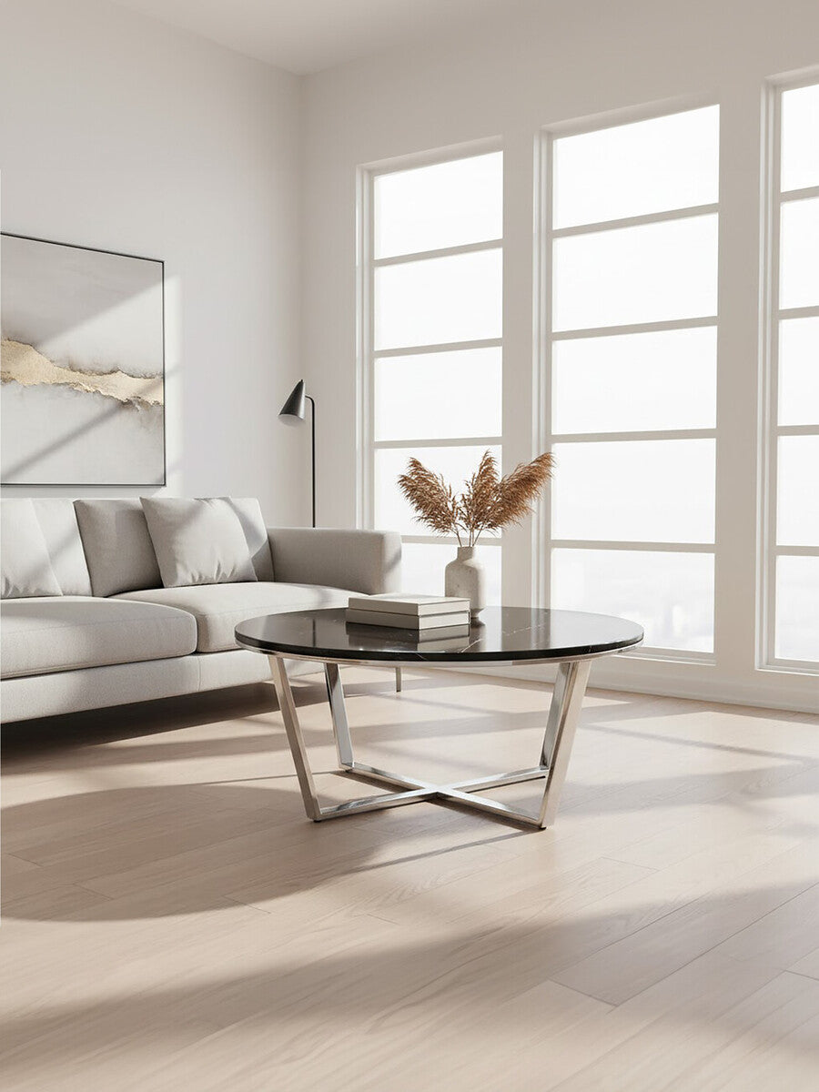 Round Black Faux Marble Coffee Table with Chrome Lattice Leg Design, Allure