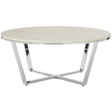 Round White Faux Marble Coffee Table with Chrome Lattice Leg Design, Allure
