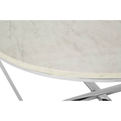 Round White Faux Marble Coffee Table with Chrome Lattice Leg Design, Allure