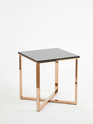 Square Black Faux Marble End Table with Champagne Gold Metal Legs, Allure