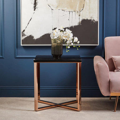 Allure Black Marble Effect Square Side Table with Champagne Base