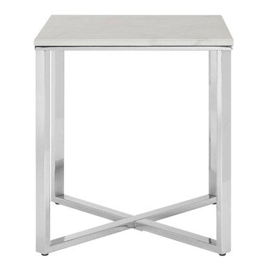 Square White Faux Marble End Table with Silver Chrome Metal Legs, Allure