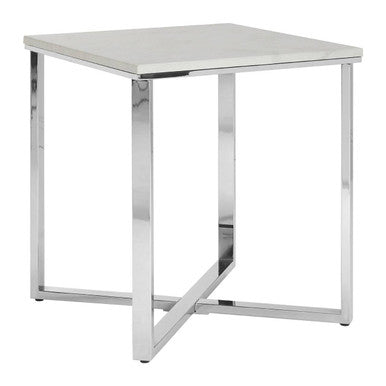 Square White Faux Marble End Table with Silver Chrome Metal Legs, Allure
