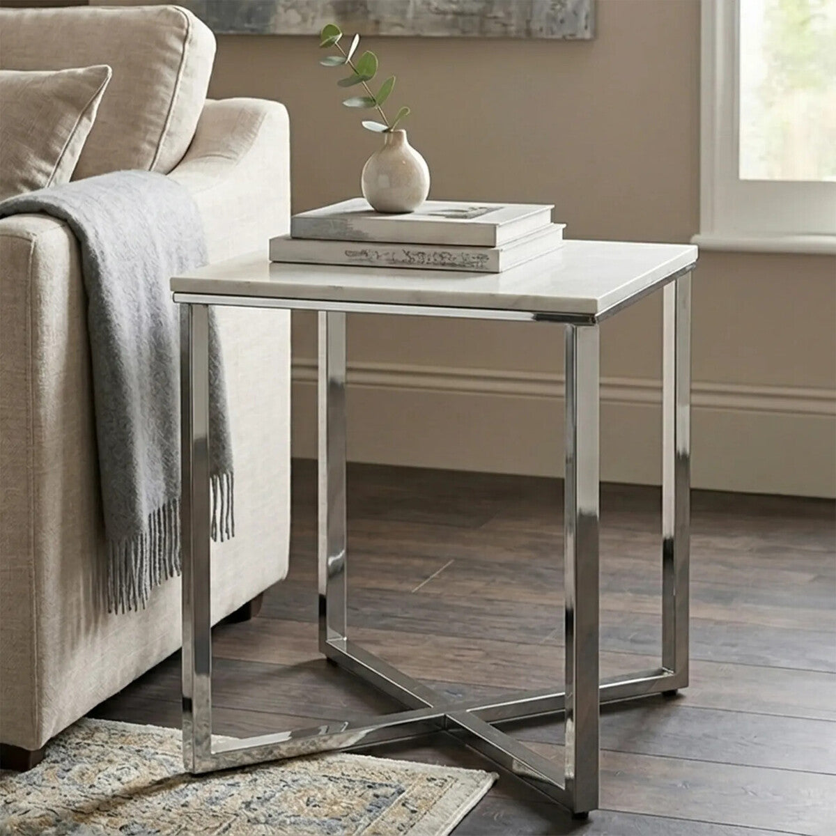 Allure White Marble Effect Square Side Table with Chrome Base