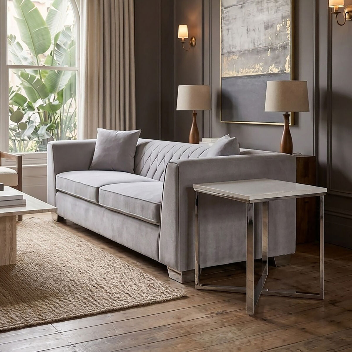 Allure White Marble Effect Square Side Table with Chrome Base
