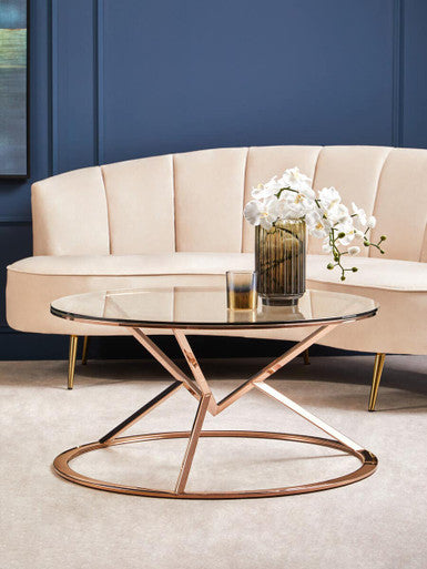 Allure Clear Glass Round Coffee Table with Rose Gold Finish Base