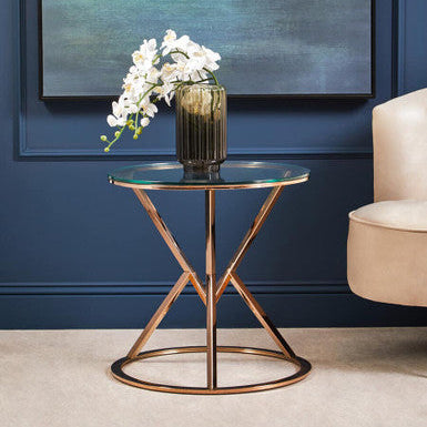 Allure Clear Glass Round Side Table with Rose Gold Finish Base