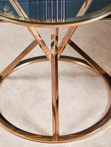 Allure Clear Glass Round Side Table with Rose Gold Finish Base