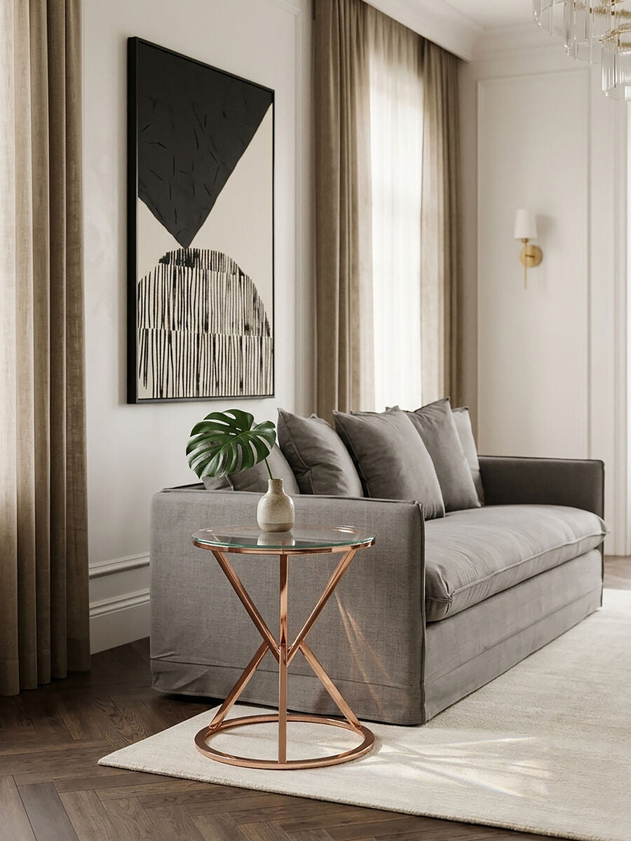 Allure Clear Glass Round Side Table with Rose Gold Finish Base