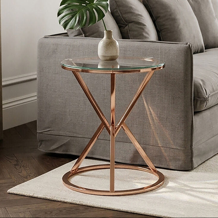 Allure Clear Glass Round Side Table with Rose Gold Finish Base