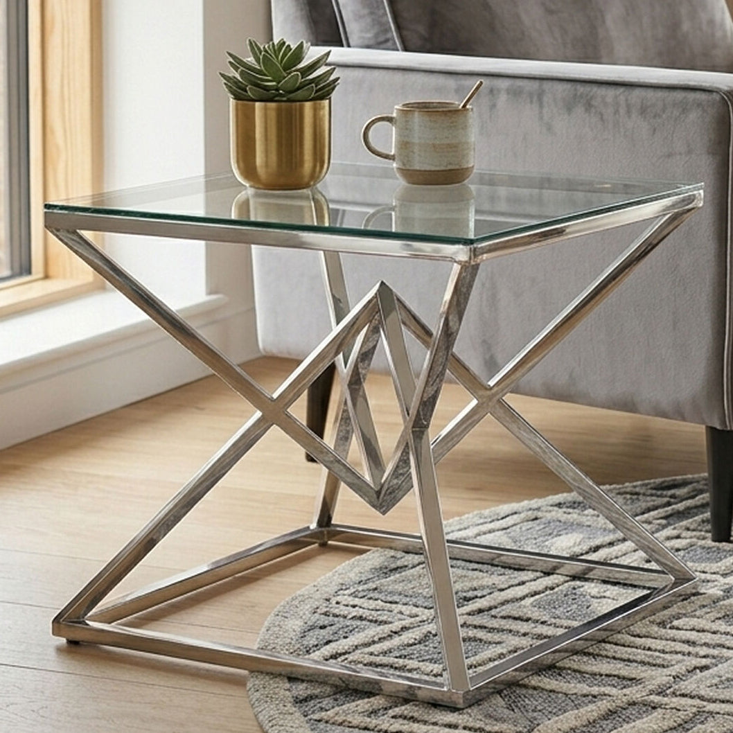 Allure Clear Glass Square Side Table with Silver Finish Frame