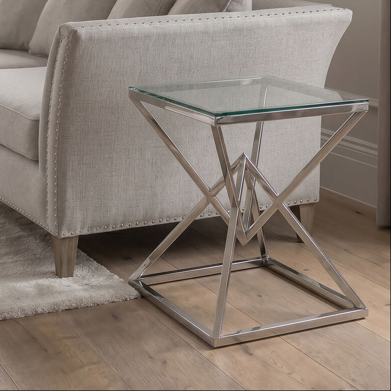 Allure Clear Glass Square Side Table with Silver Finish Frame