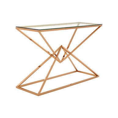 Corseted Rose Gold Steel Base Console Table with Tempered Glass Top, Allure