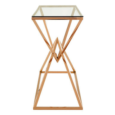 Corseted Rose Gold Steel Base Console Table with Tempered Glass Top, Allure