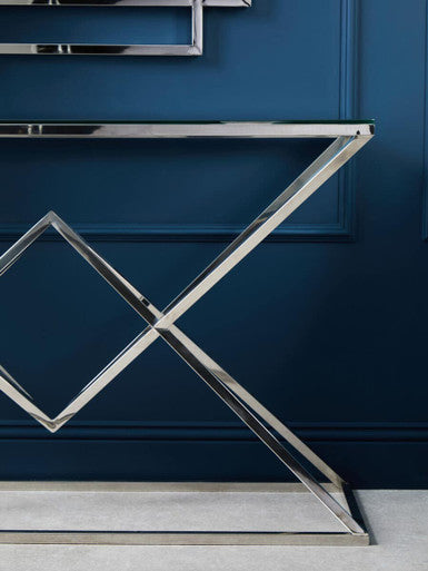 Rectangular Tempered Glass Top Console Table with Silver Stainless Steel Frame, Allure