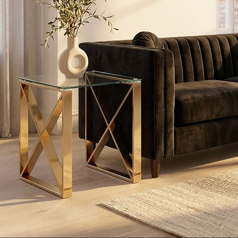 Allure Clear Glass Square Side Table with Champagne Gold Finish Legs