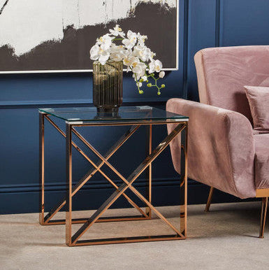 Allure Clear Glass Square Side Table with Rose Gold Finish Legs
