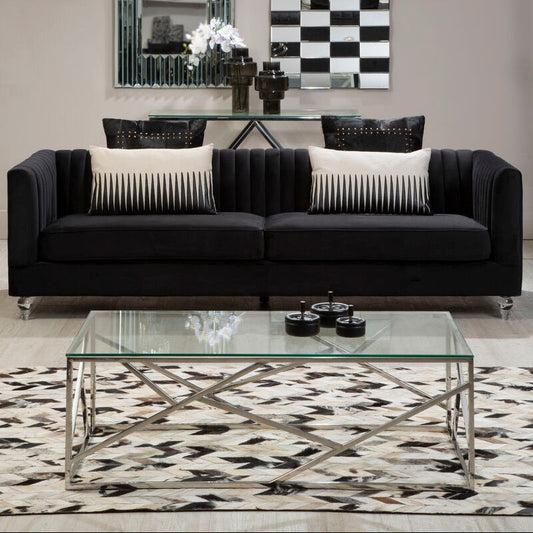 Rectangular Tempered Glass Top Coffee Table with Champagne Gold Geometric Steel Legs, Allure