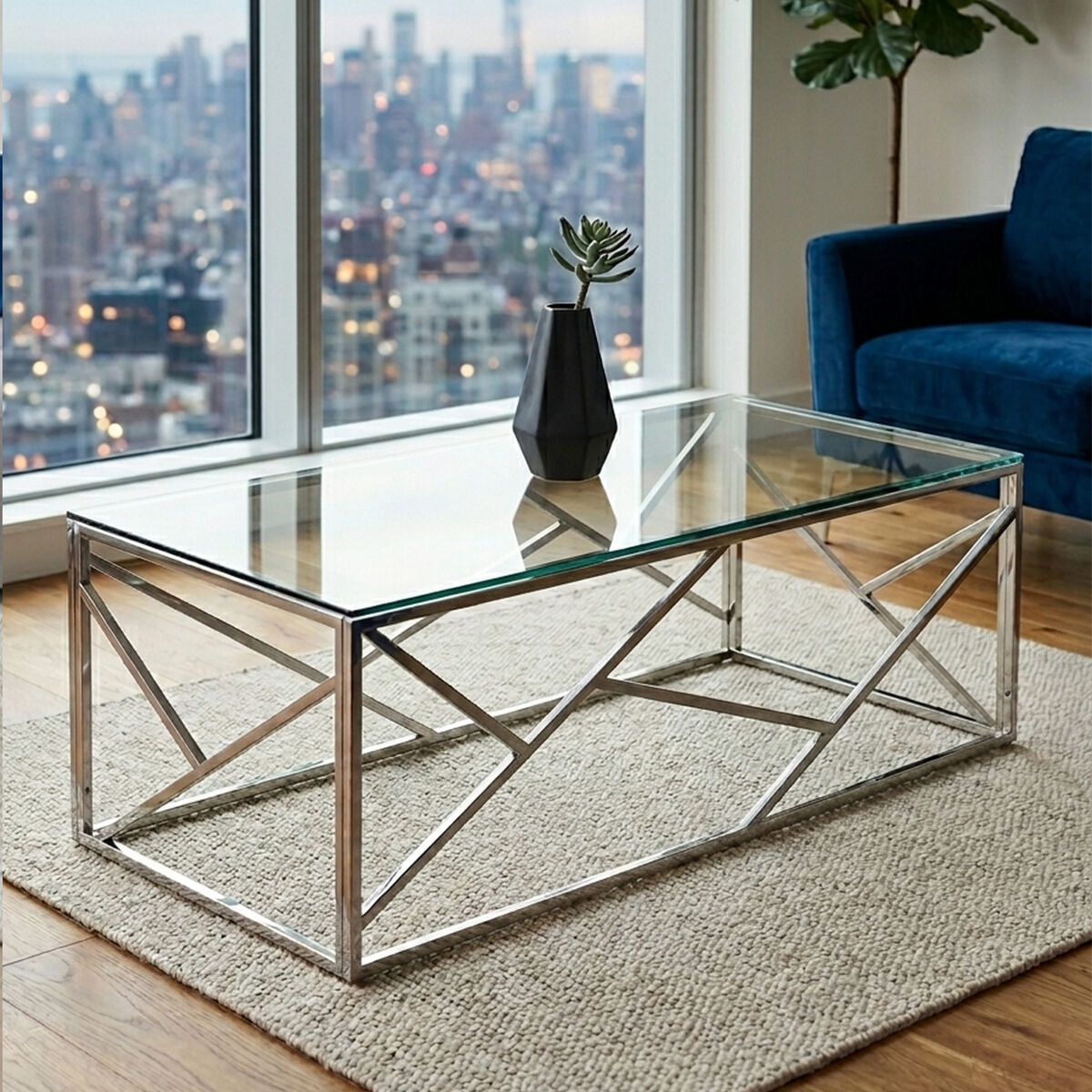 Allure Clear Glass Coffee Table with Geometric Champagne Finish Base