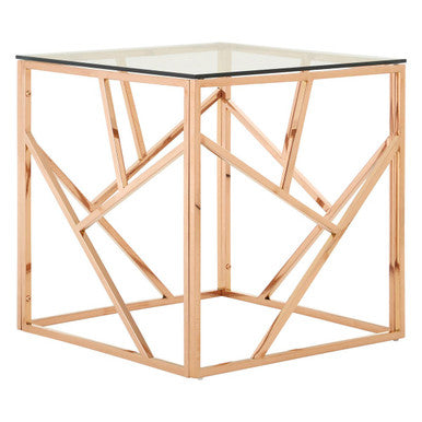 Allure Clear Glass Square Side Table with Geometric Rose Gold Base