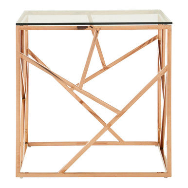 Allure Clear Glass Square Side Table with Geometric Rose Gold Base