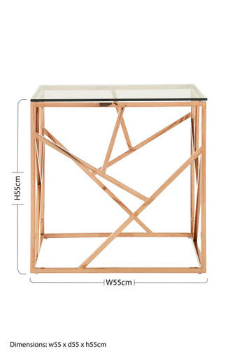 Allure Clear Glass Square Side Table with Geometric Rose Gold Base
