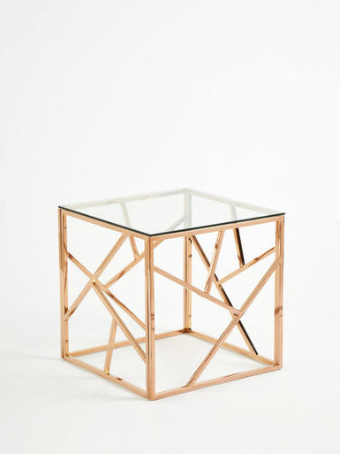 Allure Clear Glass Square Side Table with Geometric Rose Gold Base