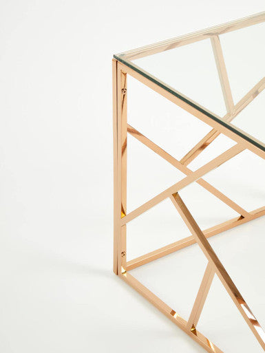 Allure Clear Glass Square Side Table with Geometric Rose Gold Base